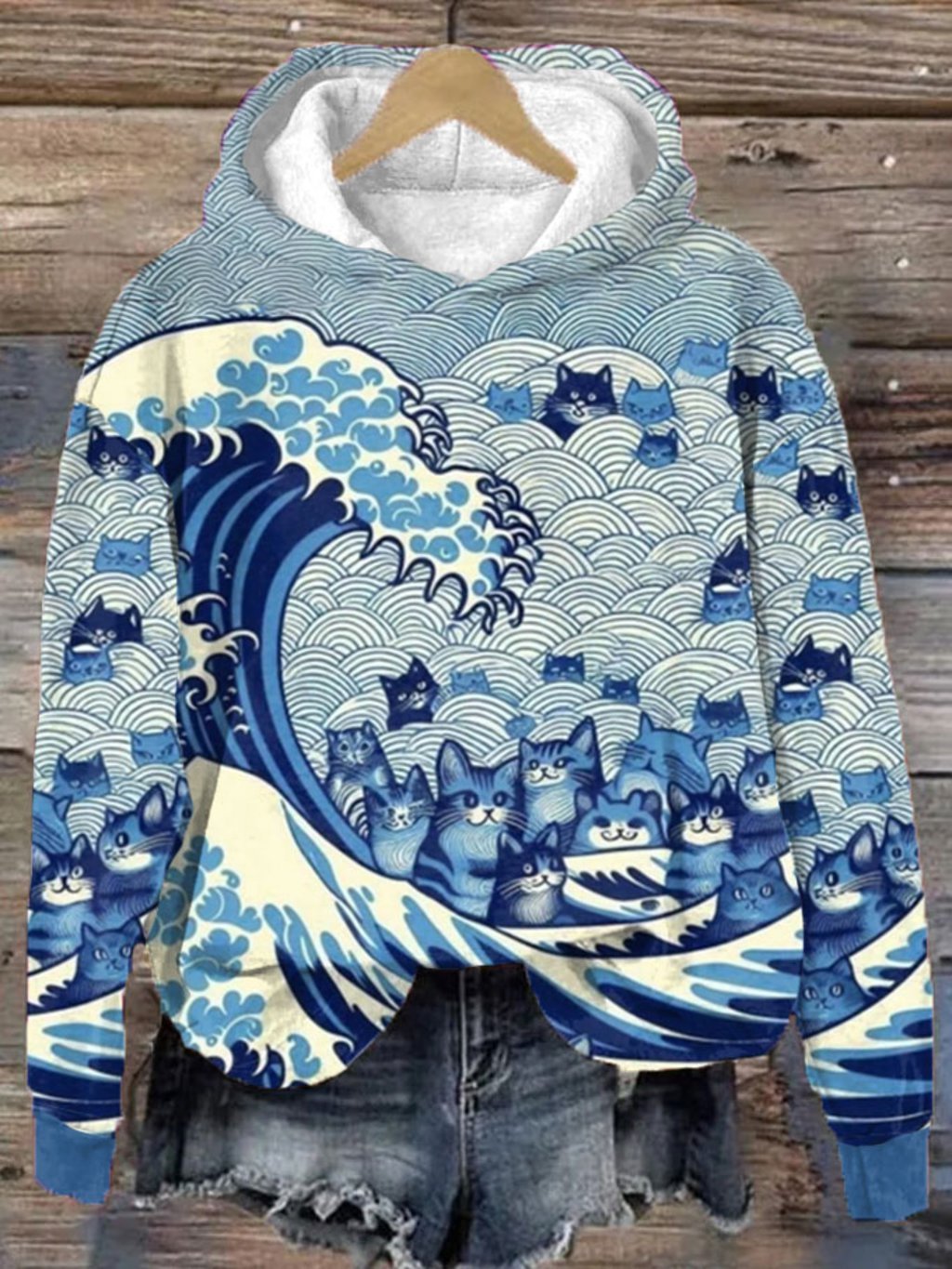 Women's Blue Waves&Cats Print Hooded Sweatshirt