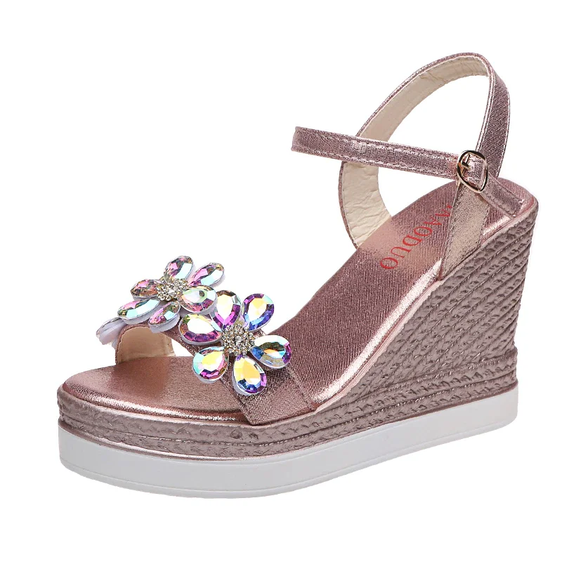 Qengg Female Fashion Flower Open Toe Sandals Dress Silver Sandals Women Rhinestone Wedges Platform Party Shoes Woman