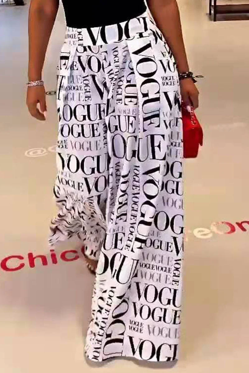 College Print Split Joint Loose High Waist Wide Leg Full Print Bottoms