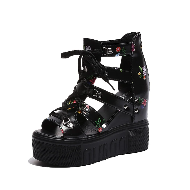 Wongn Wongn Mouth Sandal Female Hollow Out Inside Increased Breathable Mesh Shoes Platform Platform Platform Heel High Heel 11Cm Roman Student Sandals