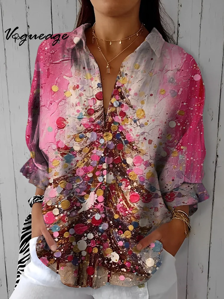 Colorful Christmas Tree Printing Cotton And Linen Shirt