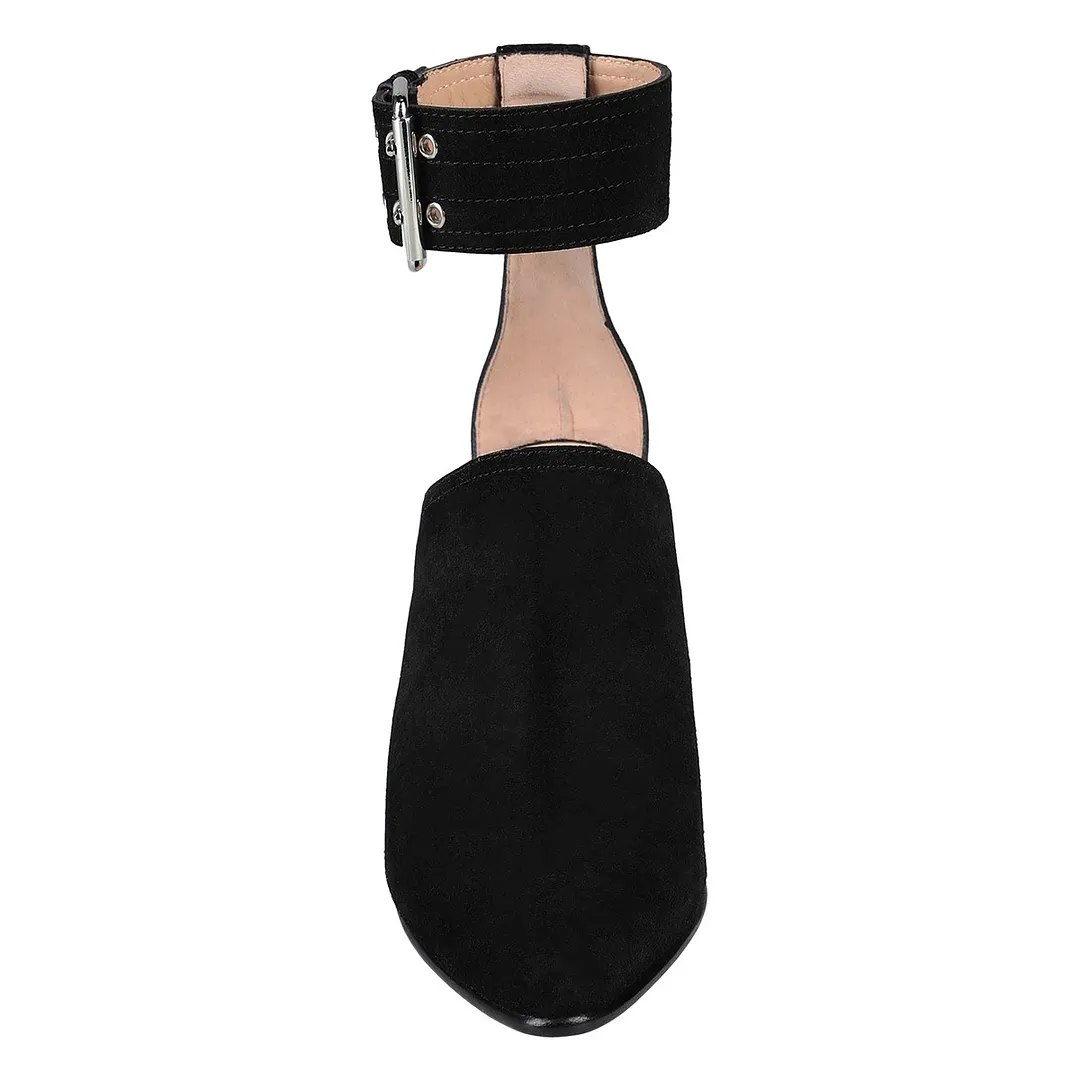 Vegan Suede Ankle Strap Mid Block Heel Buckled Black Pumps for Women