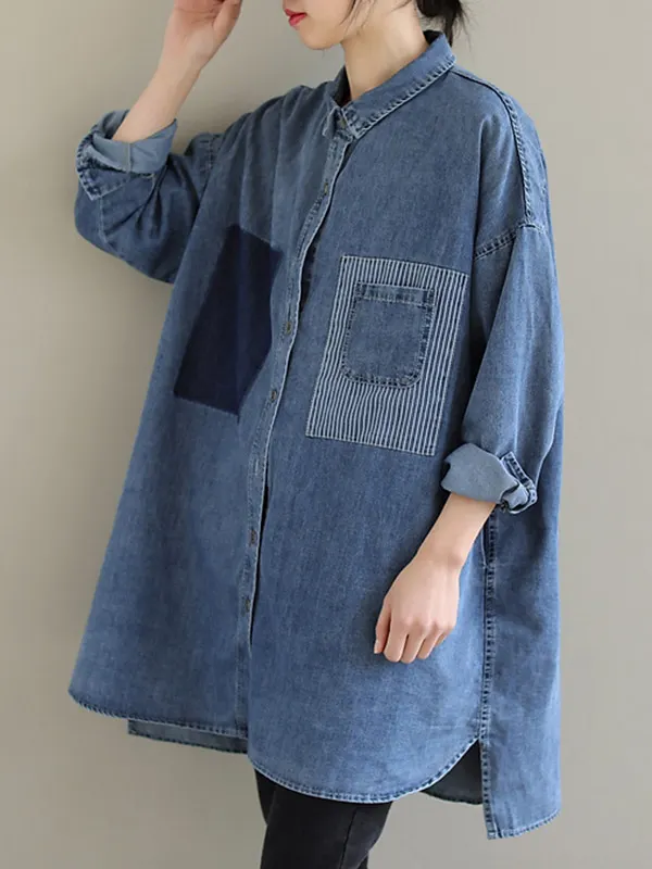 Long Sleeves Loose Asymmetric Pleated Solid Color Split-Joint Falbala Lapel Blouses&Shirts Tops main image 1
