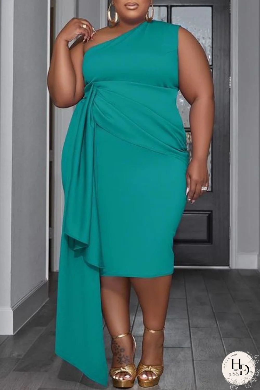 Green Casual Solid Patchwork Oblique Collar Sleeveless Dress Plus Size Dresses