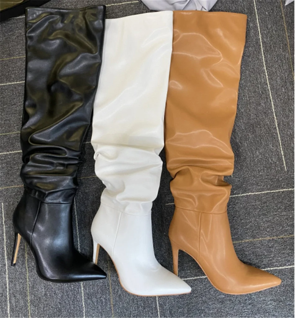 Onlymaker Women Pointed Toe Black White Over The Knee High Boot Stiletto Stretch Big Size Woman Autumn Winter Fashion Boots