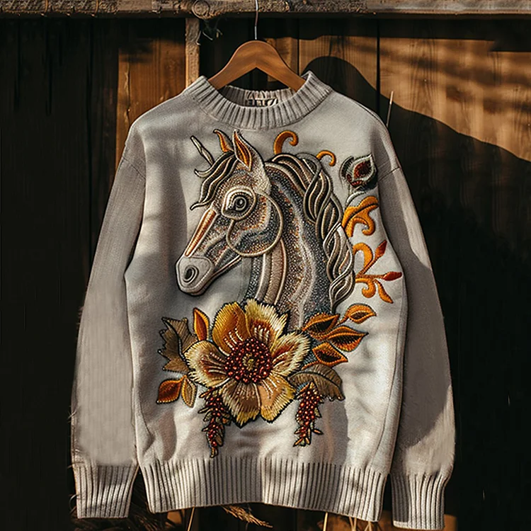 Comstylish Western Horse Print Round Neck Casual Sweatshirt