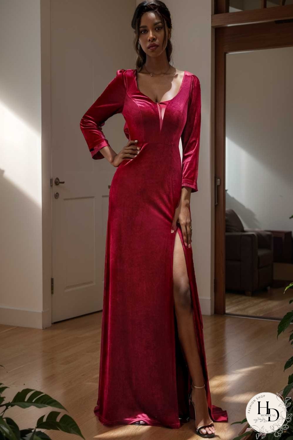 velvet 3 4 length sleeve illusion v neck front slit evening dress