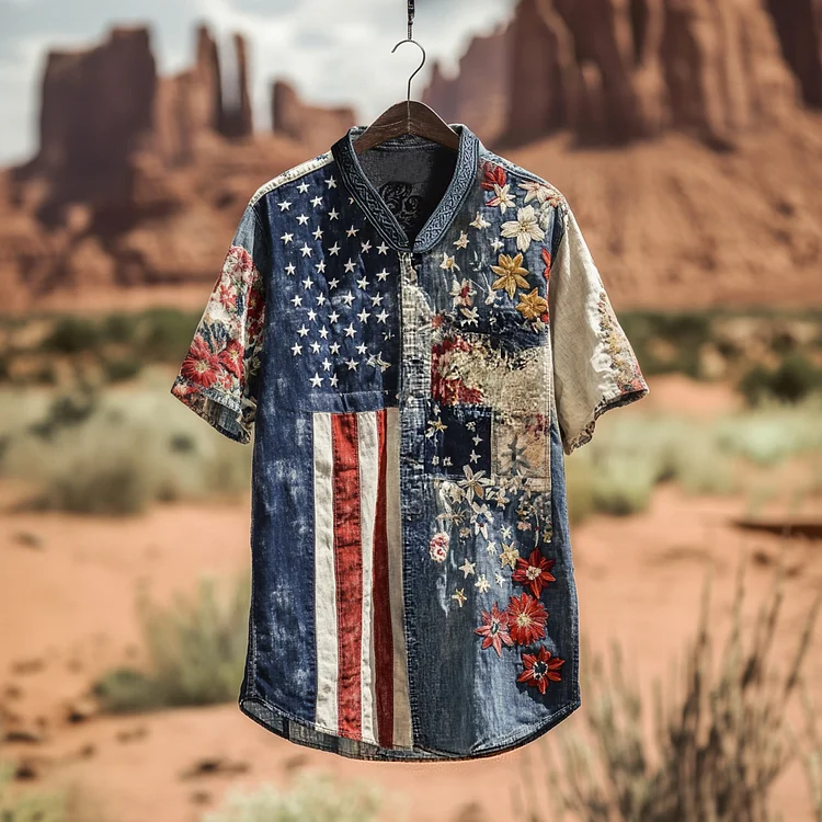 Men's American Flag Independence Day Contrast Patchwork Sun Linen T-shirt