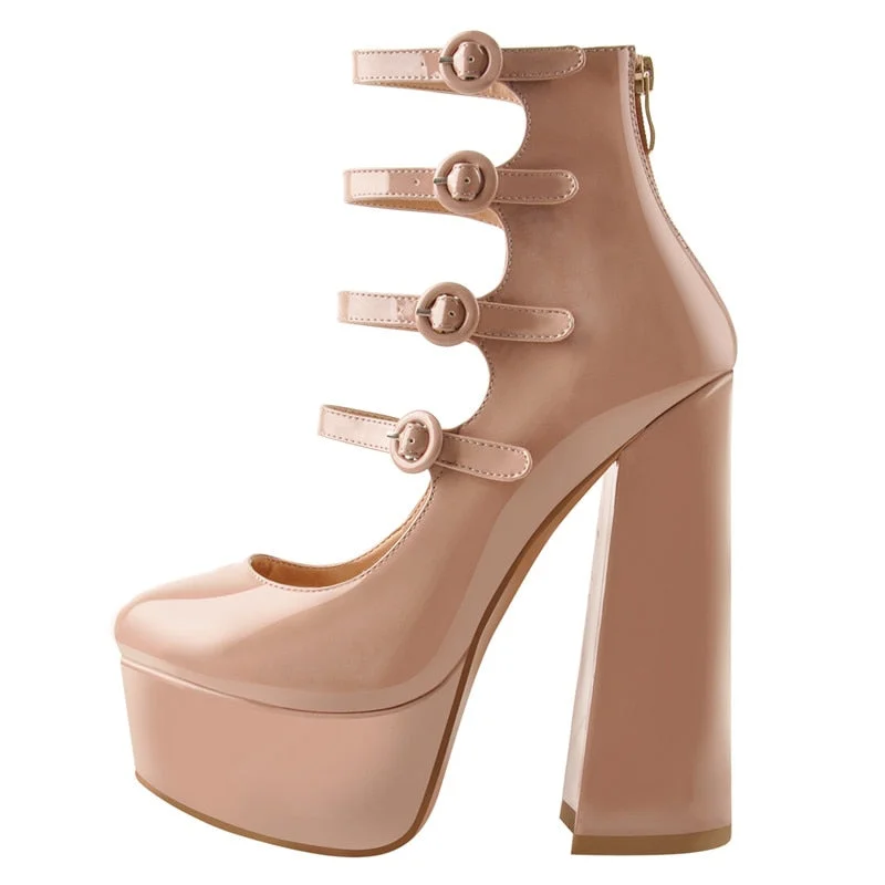 Onlymaker Women's Platform Round Toe Chunky Square Heels Ankle Wrap Sandals Red And Nude Party Buckle Strap Shoes