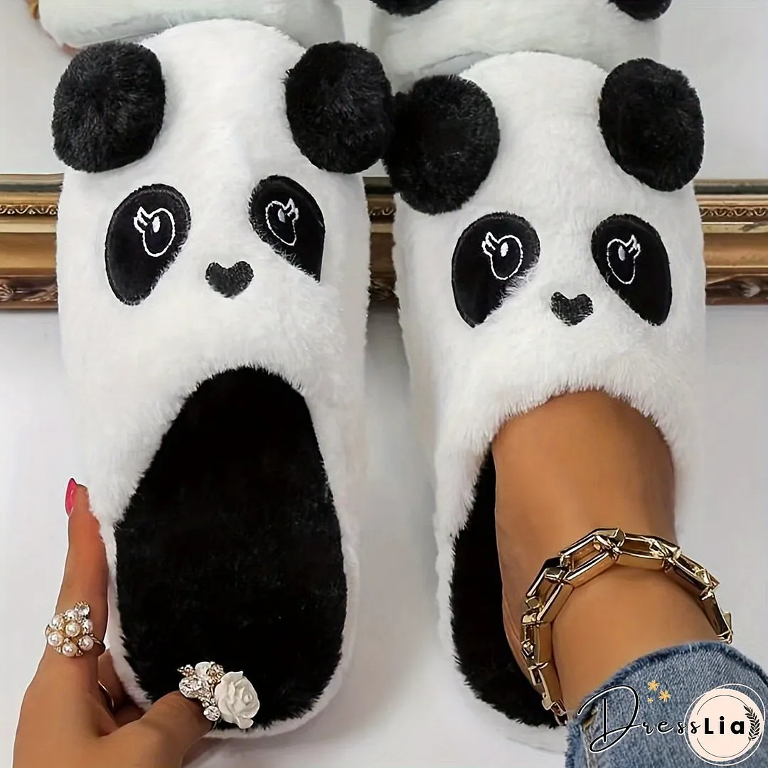 Cute Cartoon Panda Fluffy Home Slippers, Soft Sole Closed Toe Plush Lined Shoes, Non-slip Bedroom Mute Slippers, Winter & Autumn
