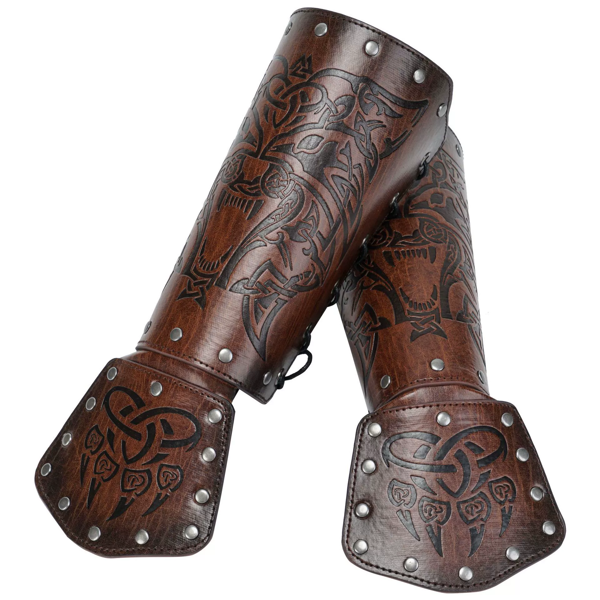 Scandinavian Viking Style Embossed Wolf Head Skin Wristguard