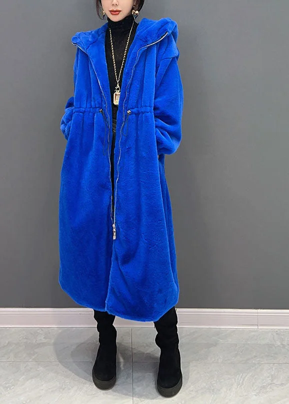 Diy Blue zippered Hooded drawstring Fuzzy Fur Fluffy long coats Winter