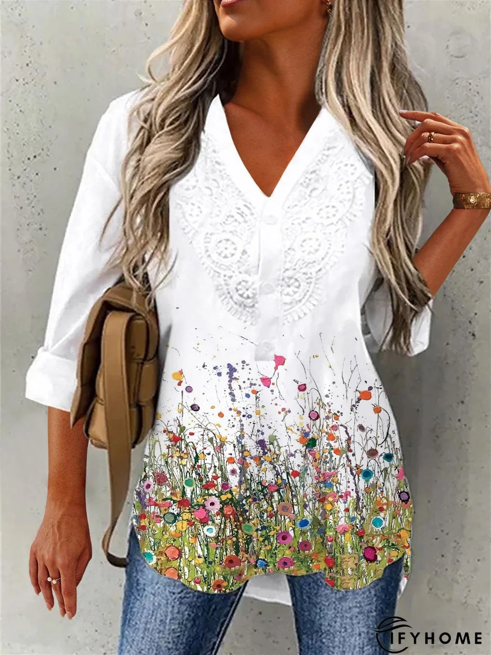 Floral 3/4 Sleeve Lace V Neck Casual Tunic Top | IFYHOME