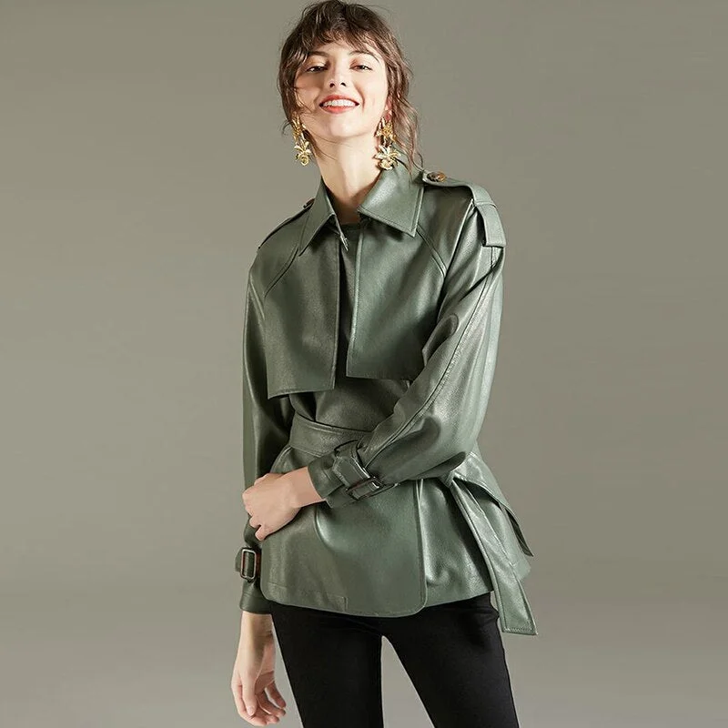 FTLZZ 2021 Spring Autumn Lapel Faux Leather Jacket Women Green PU Coat Simplicity Loose Jackets Office Lady Outwear with Belt