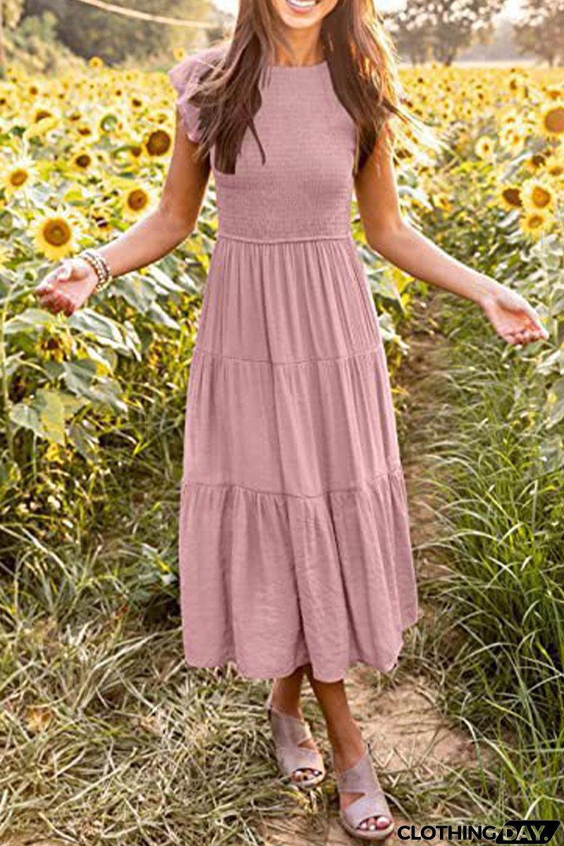 Fashion Solid Flounce O Neck Cake Skirt Dresses（9 colors）