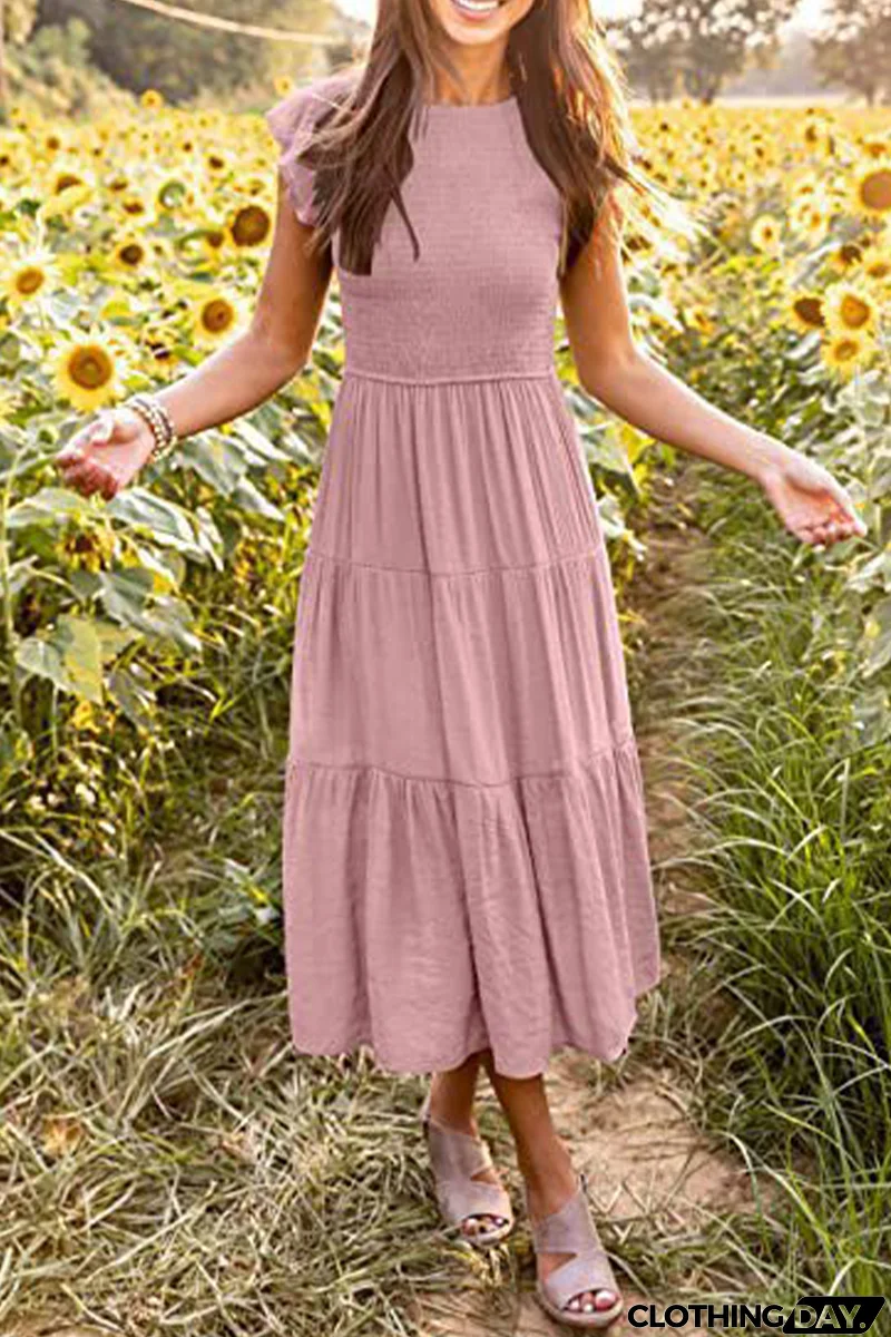 Fashion Solid Flounce O Neck Cake Skirt Dresses（9 colors）