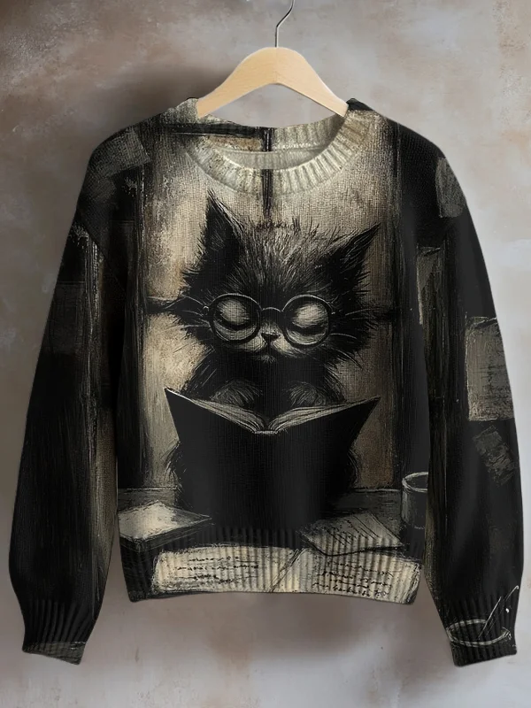 Women's Black Cat Loves Reading Art Print Knit Sweatshirt
