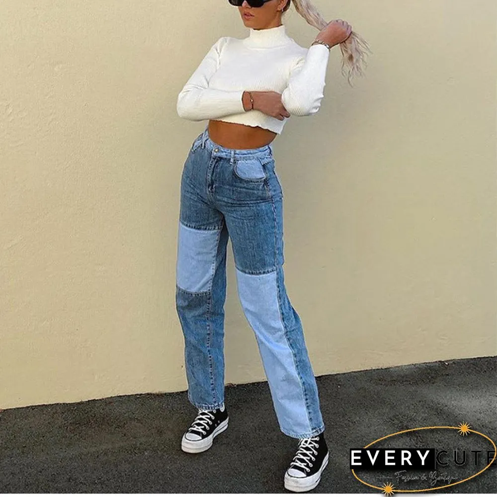 Patchwork Stitch Color Block Slim Fit Straight Leg Jeans Ripped Denim Pants