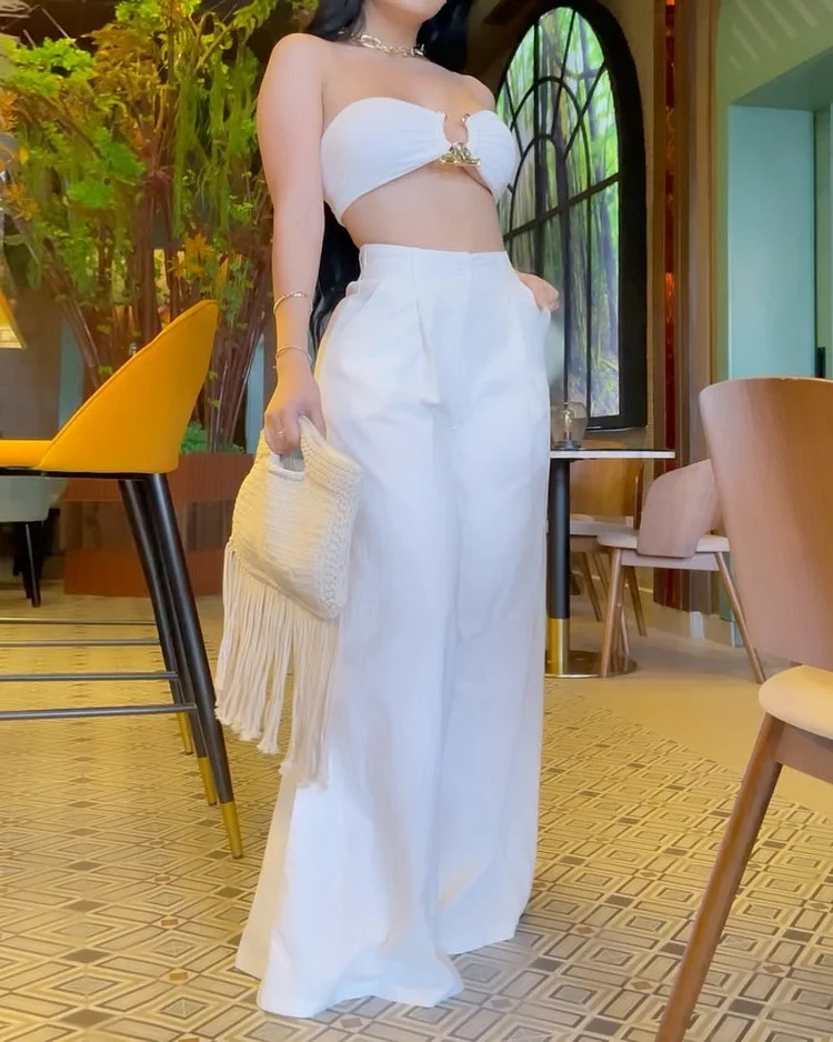 Sleeveless tube top solid color two piece suit