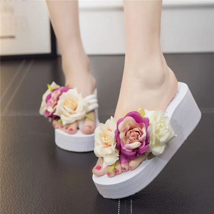 Ladies Slippers Summer Flip Flop Flowers decoration Female Flip flops High heels EVA Flip flops Bohemia Beach Slippers Shoes