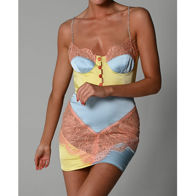 Sling Color Block Sexy Lace Mini Dress