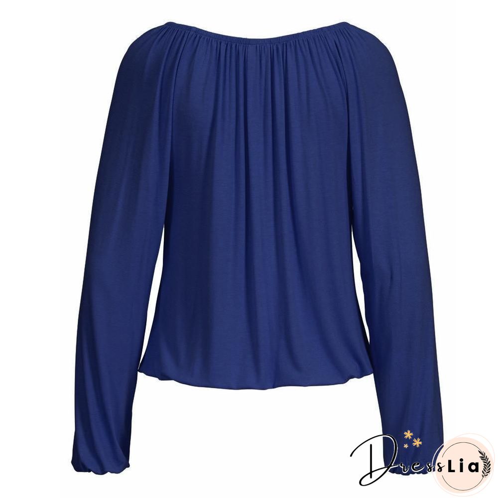 Women Solid Color V Neck Solid Tops Bowknot Long Sleeve Shirt Loose Comfort Blouse