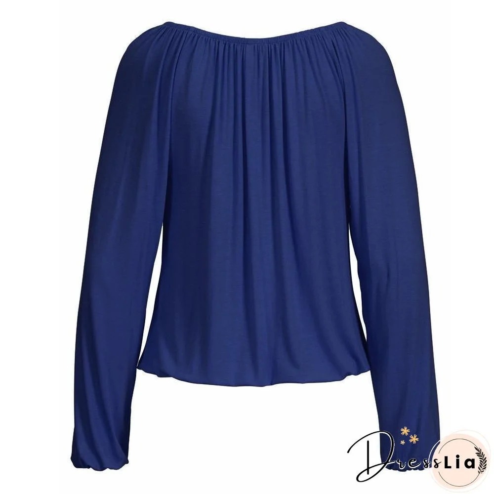 Women Solid Color V Neck Solid Tops Bowknot Long Sleeve Shirt Loose Comfort Blouse