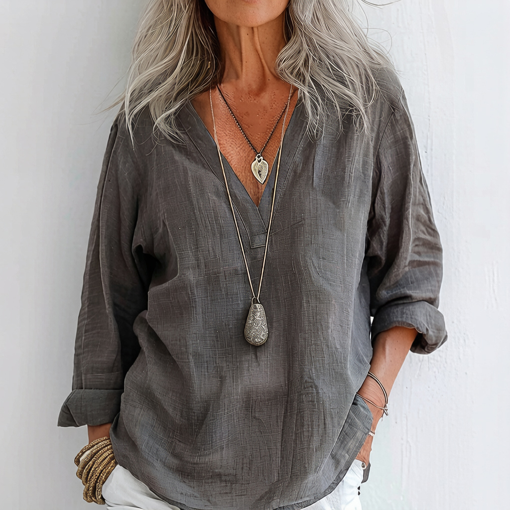 Retro Solid Color Long Sleeve Linen V-neck Shirt elevenforest