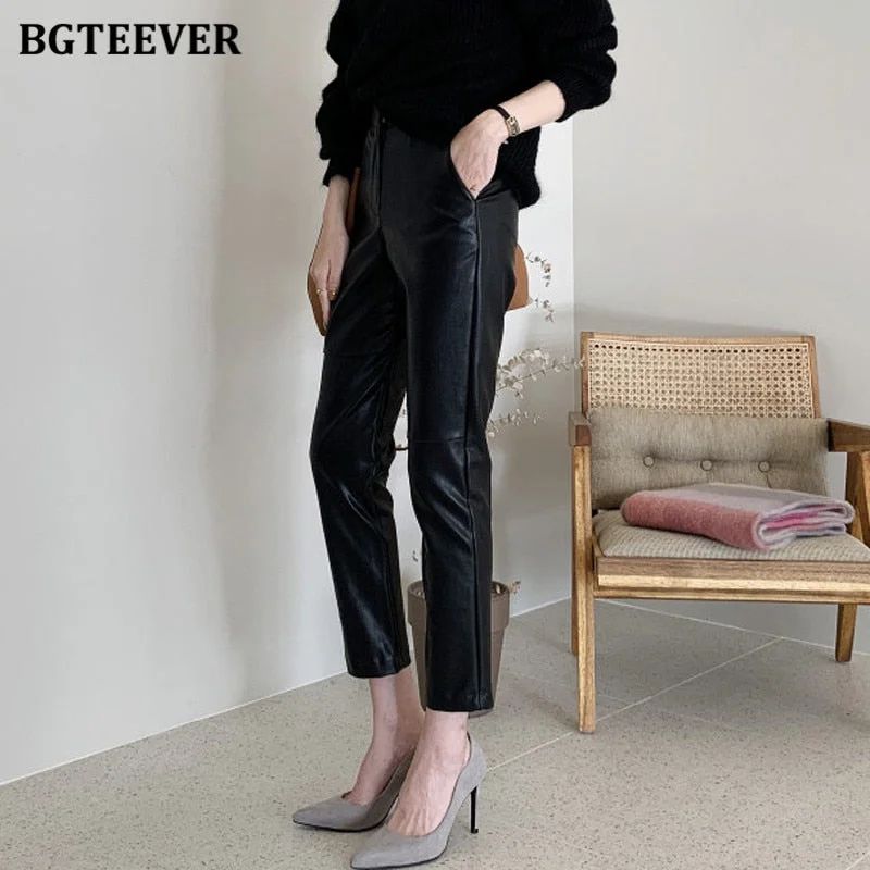 BGTEEVER MIidi Waist Spliced Loose Leather Pants Women Autumn Solid Zipper PU Leather Trousers Women Straight Pants Female 2020