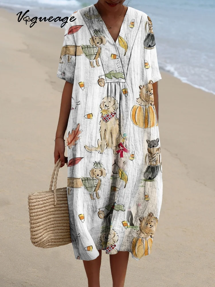 Hand Drawn Cute Puppy Printed Women's Casual Cotton And Linen Dress
