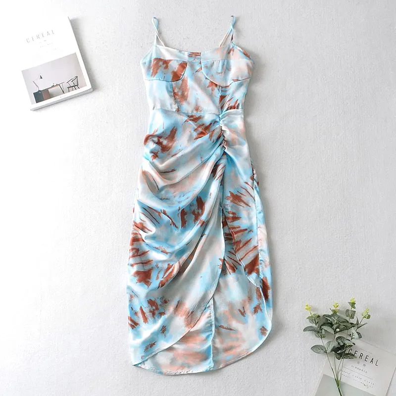 Aachoae Summer Spaghetti Strap Beach Dress Women Printed Split Sexy Holiday Dress Sleeveless Backless Pleated Satin Midi Dresses