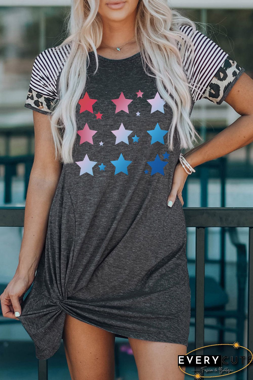 Gray Flag Day Star Print Leopard Stripe Sleeve Dress