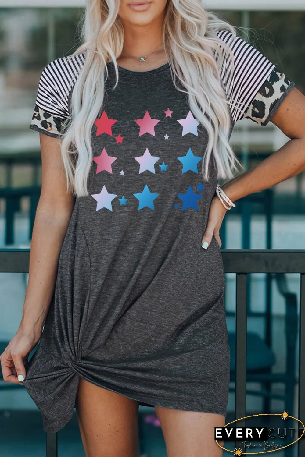 Gray Flag Day Star Print Leopard Stripe Sleeve Dress