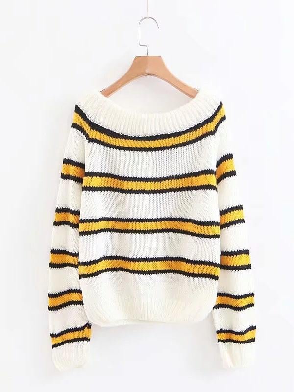 Knitting Striped Puff Sleeve Sweater Tops | EGEMISS