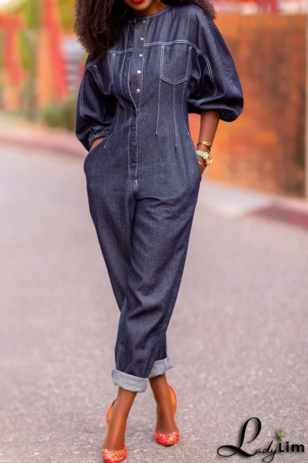 Deep Blue Casual Solid Patchwork Buckle O Neck Long Sleeve Denim Jumpsuits