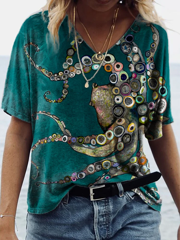 Colorful Octopus Oil Painting V Neck T Shirt