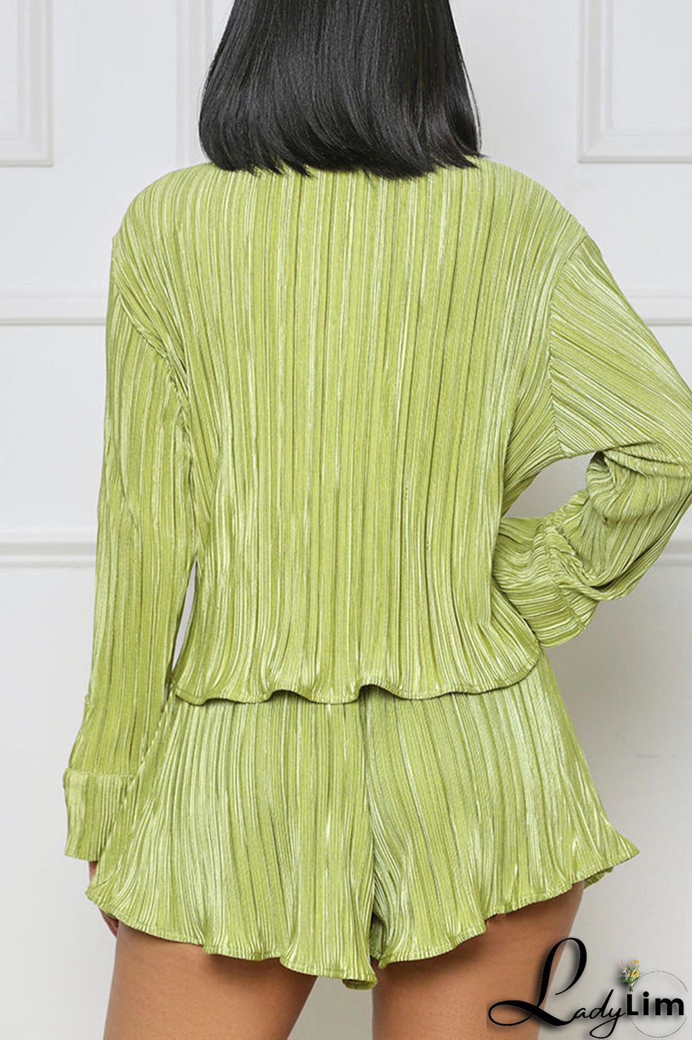 Green Casual Solid Bandage Patchwork Turndown Collar Long Sleeve Two Pieces