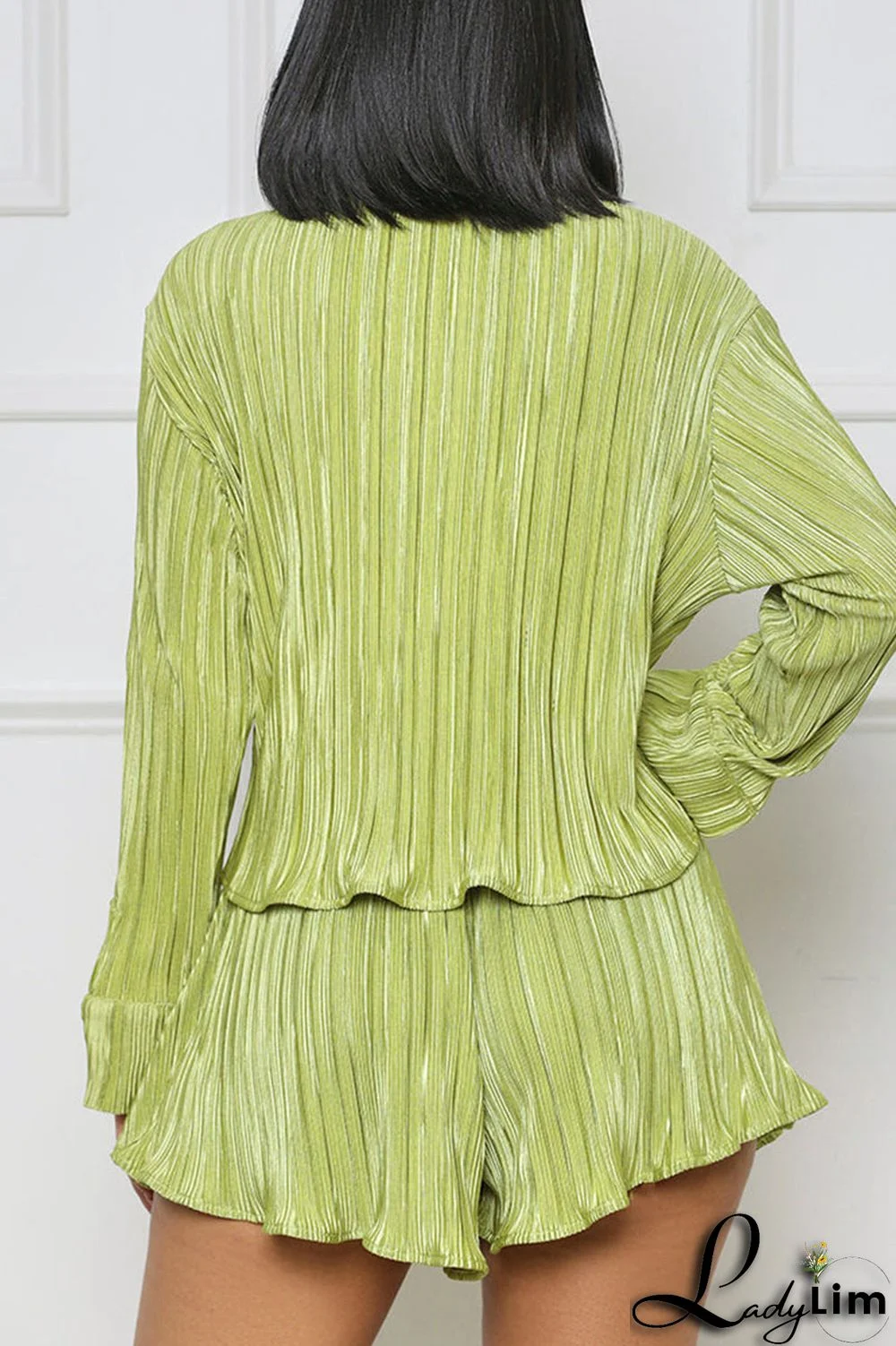 Green Casual Solid Bandage Patchwork Turndown Collar Long Sleeve Two Pieces