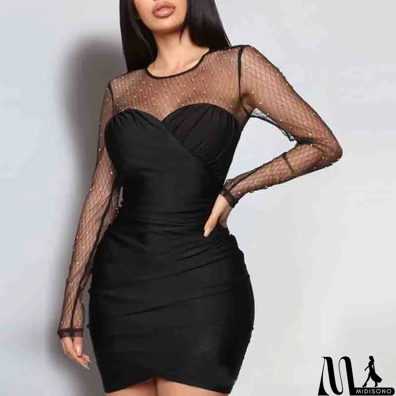 MidiSono - Design Long Sleeve Mesh Splicing Dress