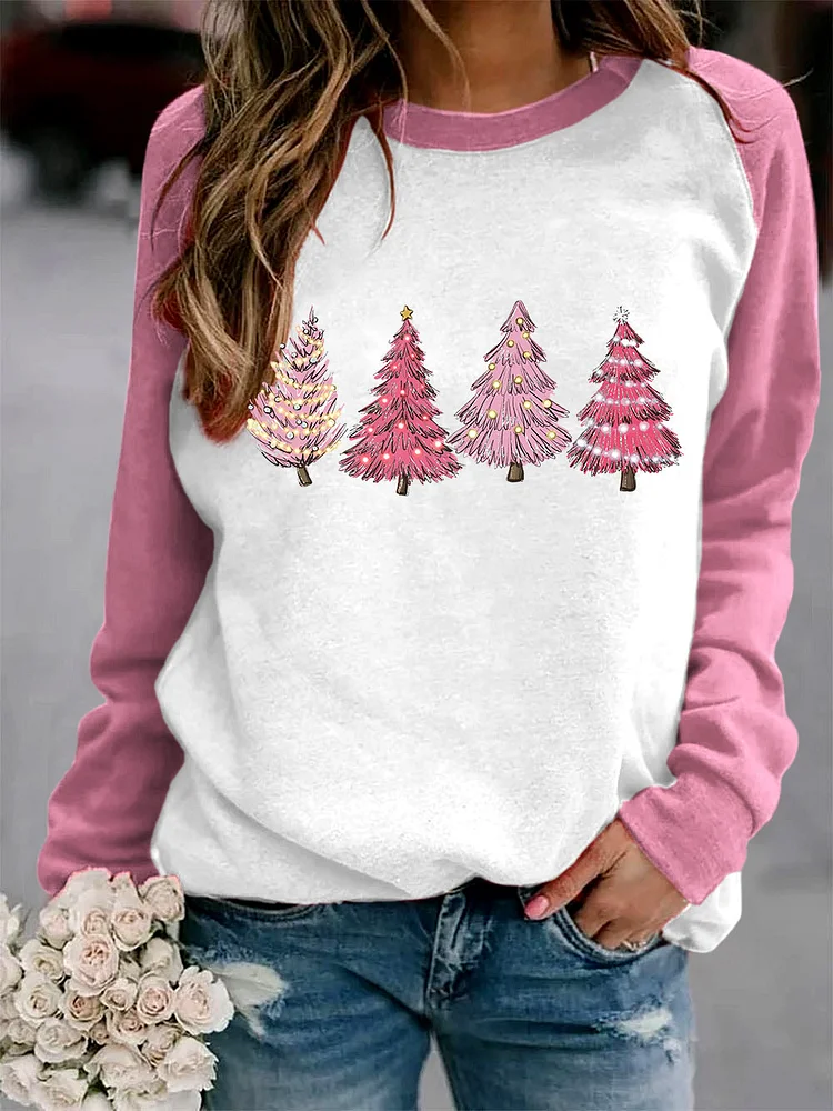 Women's Pink Christmas Tree Print Sweatshirt