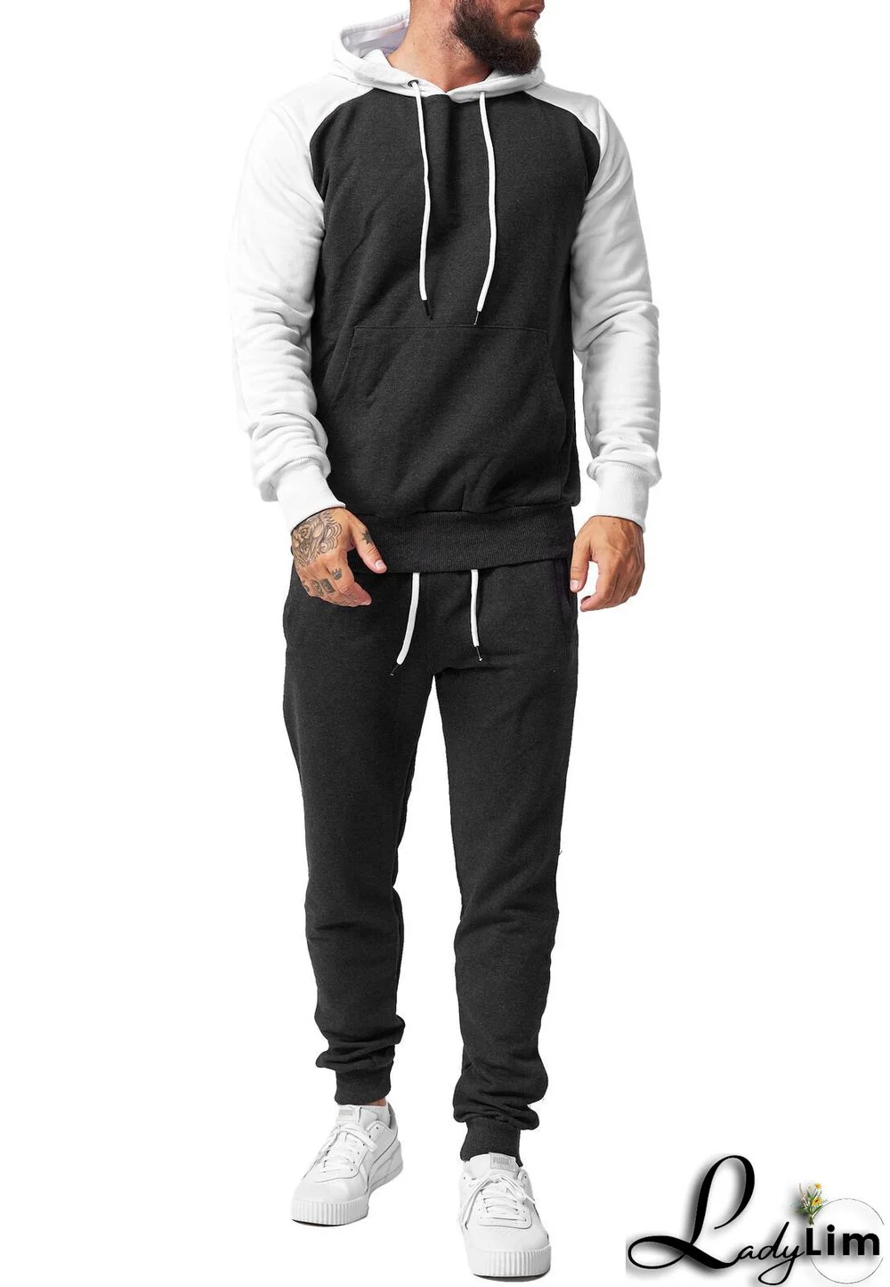 Men Winter Sportswear Colorblock Hooded Jacket And Casual Pant Two-Piece Set