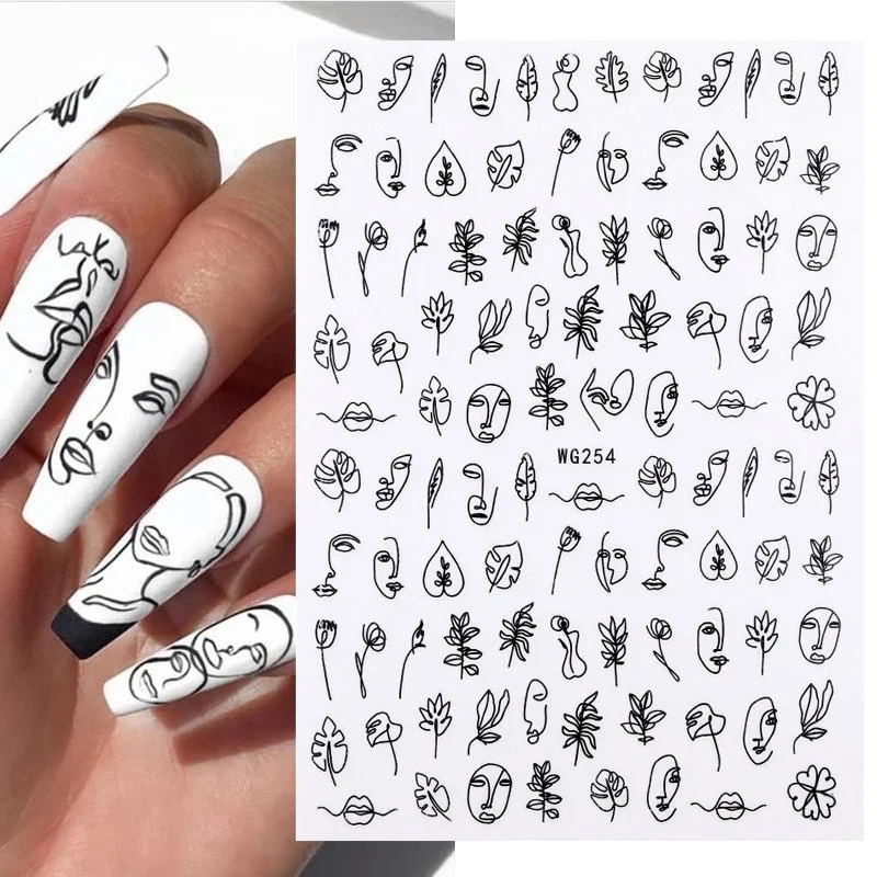 1PC Abstract Face Pattern 3D Nail Stickers Summer Autumn Lady Image Flower Leaves Sliders Decals For Nails Decoration Manicures