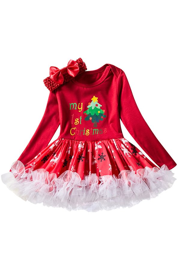 Long Sleeve Bowknot Christmas Tree Snowflake Print Kids Girls Dress Red-elleschic