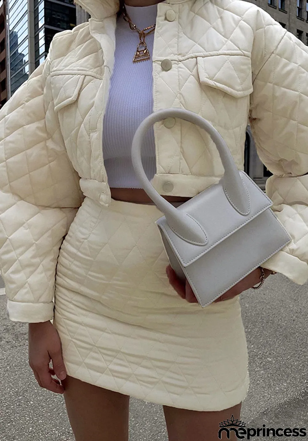 Women Turndown Collar Long Sleeve Diamond Padded Jacket and Skirt Two Piece