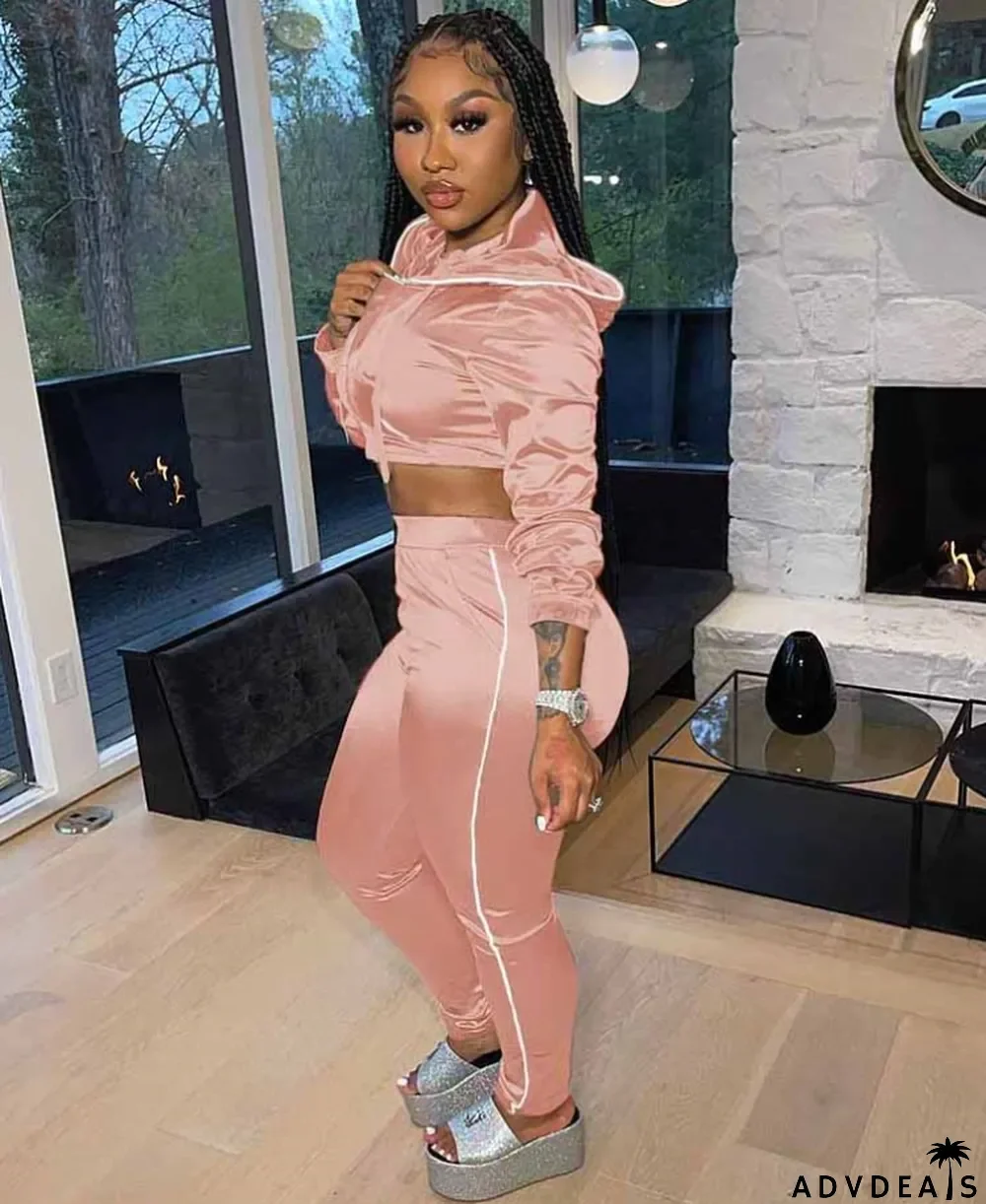 Fall Pink Hoodie Crop Top and Pants Tracksuit