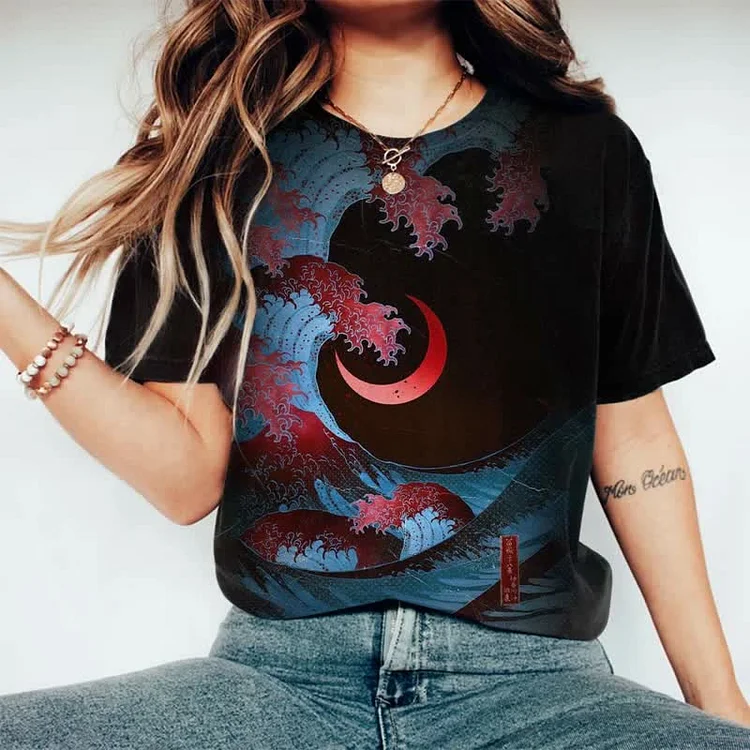 Japanese Style Wave And Red Moon Printed T-shirt