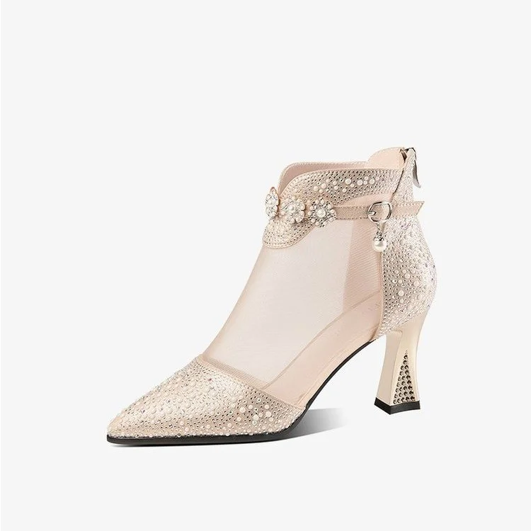 Wongn Wongn Korean Rhinestone Net Boots Women's Middle Heel Hollow Sandals Women's Thick Heel Back Zipper Women's Singles Boots