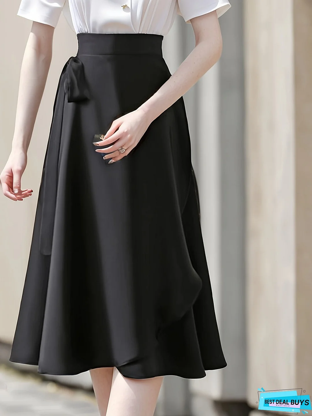 Solid High Waist Draped Skirt, Elegant Lace Up Flared Swing Midi Skirt, Women's Clothing