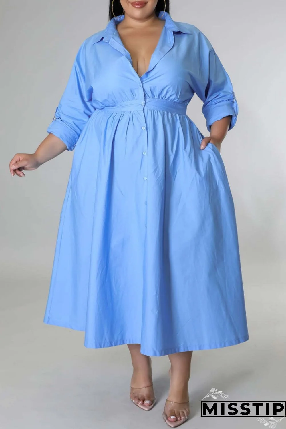 Blue Casual Solid Patchwork Turndown Collar Shirt Dress Plus Size Dresses