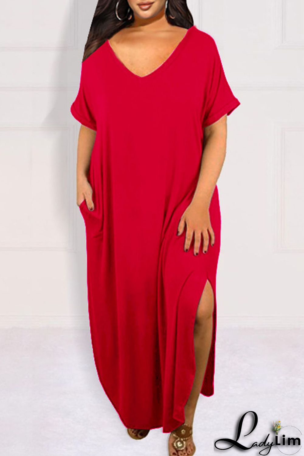 Blue Casual Solid Patchwork Slit V Neck T-shirt Dress Plus Size Dresses